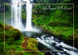 Der Bokou Wasserfall stürzt in mehreren Stufen über die Felsen und fließt weiter durch eine schmale, dunkle Schlucht. Umgeben von dichtem, leuchtend grünem Wald bildet er eine klare und kraftvolle Naturkulisse.