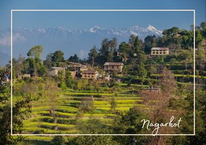 In Nagarkot, Nepal ziehen sich grüne Terrassenhänge den Berg hinauf, auf denen vereinzelt Häuser zwischen den Feldern liegen. Im Hintergrund ragt die Landschaft weit in die Ferne, wodurch das Bild eine offene und zugleich ruhige Wirkung bekommt.