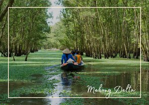Im Mekong-Delta gleitet ein kleines Boot durch ein Netz aus schmalen Wasserwegen, flankiert von dicht stehenden Palmen und sattgrüner Vegetation. Das Licht spiegelt sich weich auf der Wasseroberfläche und lässt die Szene friedlich, tropisch und fast verborgen wirken. So entsteht ein Bild voller Ruhe, Natur und typischer Flusslandschaft im Süden Vietnams.